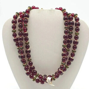 Vintage Japan Multi-Strand Red Green Beaded Necklace Gold Tone Clasp Christmas